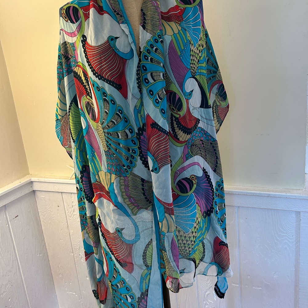 Vintage Adrienne Landau Silk Chiffon Peacock Print Stole Shawl Wrap
